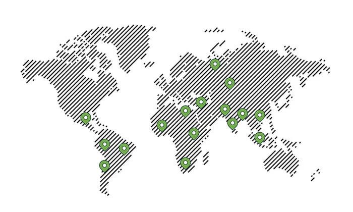 World map showing FEILIZ client distribution across 60+ countries
